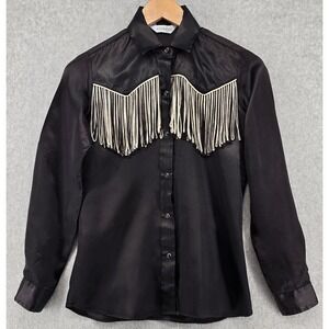 Vtg Karman Black Satin Fringe Western Shirt Womens 5/6 Pearl Snap Rodeo Prop